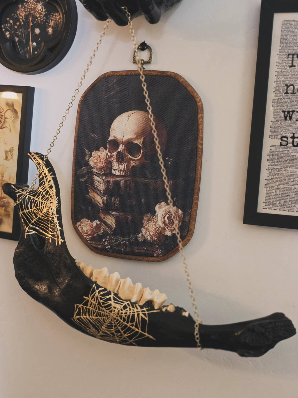 Black Jaw Bone with Gold Spider Web Hanging