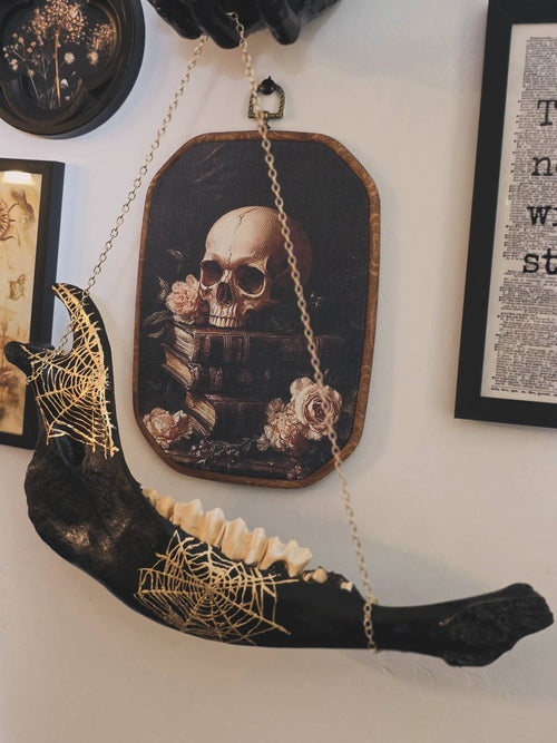 Black Jaw Bone with Gold Spider Web Hanging