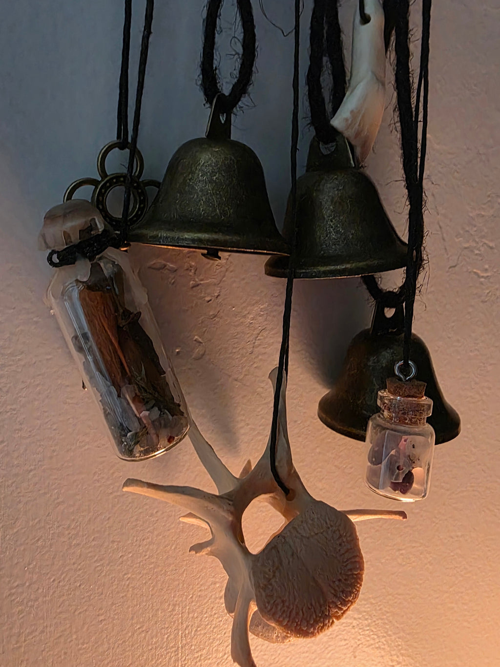 Handmade Witch Bells with Bone, Buffalo Tooth, Spell Jar
